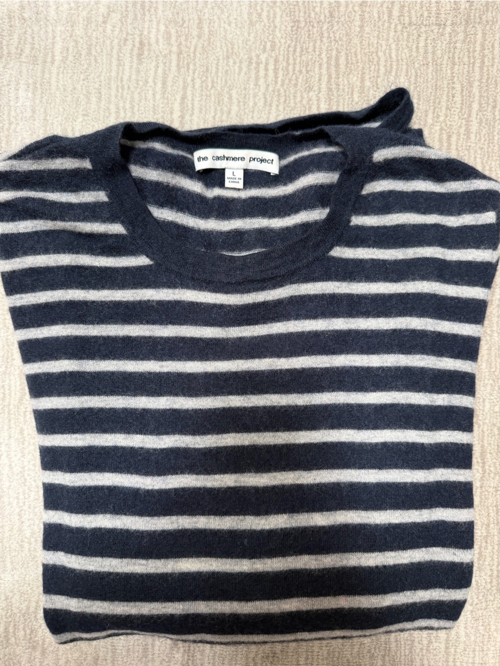100% Cashmere Navy & Heather Grey Striped Crewneck Sweater - Picture 2 of 4